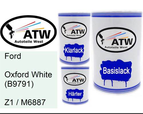 Ford, Oxford White (B9791), Z1 / M6887: 500ml Lackdose + 500ml Klarlack + 250ml Härter - Set, von ATW Autoteile West.